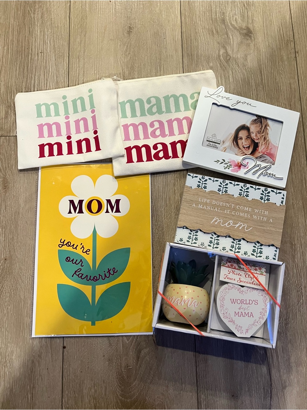 Mom Gift Set - White and Pink Canvas Pouches, Yellow Floral Card & Keepsakes
